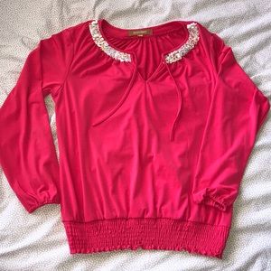 Ellen Tracy Pink long sleeve sequin neckline top